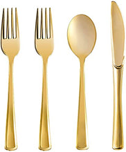Load image into Gallery viewer, 160 Gold Plastic Silverware Set - Gold Plastic Cutlery Set, Gold Disposable Flatware Set, 80 Gold Plastic Forks, 40 Gold Plastic Spoons, 40 Gold Cutlery Knives - Heavy Duty Silverware - Party Bulk