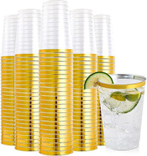 Load image into Gallery viewer, Chris.W 50 Pack Gold Plastic Cups 12 Oz, Clear Plastic Cups Tumblers, Elegant Wedding Cups Recyclable BPA Free, Cocktail Glasses Disposable Party Cups for Graduation Ceremony Christmas Birthday