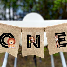 Load image into Gallery viewer, Woodland jungle Safari forest animal theme Boy girl First 1st wild one Birthday party Highchair Banner decoration Photo props
