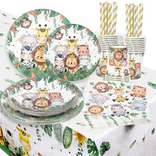 Load image into Gallery viewer, Jungle Birthday Party Decor Animal Palm Leaves Tablecloth Cups Plate Wild One Woodland Safari 1st Kids Birthday Party Decoration
