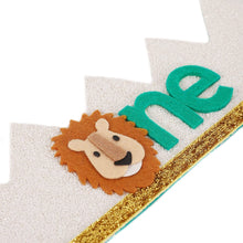 Load image into Gallery viewer, Lion One Year Old Felt Crown Jungle Safari Party Hat Gold Lace Wild One Lion Crown Kids Boys Happy 1st Birthday Party Decor
