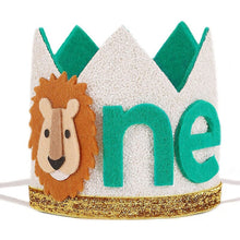 Load image into Gallery viewer, Lion One Year Old Felt Crown Jungle Safari Party Hat Gold Lace Wild One Lion Crown Kids Boys Happy 1st Birthday Party Decor
