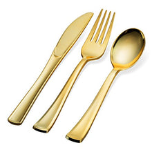 Load image into Gallery viewer, 200 Gold Plastic Silverware Set - Plastic Gold Cutlery Set - Disposable Flatware Gold - 100 Gold Plastic Forks, 50 Gold Plastic Spoons, 50 Gold Cutlery Knives Heavy Duty Silverware for Party Bulk
