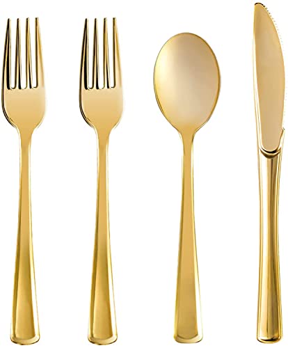 160 Gold Plastic Silverware Set - Gold Plastic Cutlery Set, Gold Disposable Flatware Set, 80 Gold Plastic Forks, 40 Gold Plastic Spoons, 40 Gold Cutlery Knives - Heavy Duty Silverware - Party Bulk