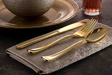 Load image into Gallery viewer, 200 Gold Plastic Silverware Set - Plastic Gold Cutlery Set - Disposable Flatware Gold - 100 Gold Plastic Forks, 50 Gold Plastic Spoons, 50 Gold Cutlery Knives Heavy Duty Silverware for Party Bulk
