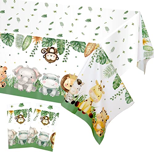 2Pieces Boy Jungle Safari Birthday Party Baby Shower Tablecovers Table Cloth Decorations, Large Size 108×54 Inch Rectangular Plastic Sage Green Cute Animals Theme Party Supplies