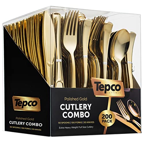 200 Gold Plastic Silverware Set - Plastic Gold Cutlery Set - Disposable Flatware Gold - 100 Gold Plastic Forks, 50 Gold Plastic Spoons, 50 Gold Cutlery Knives Heavy Duty Silverware for Party Bulk