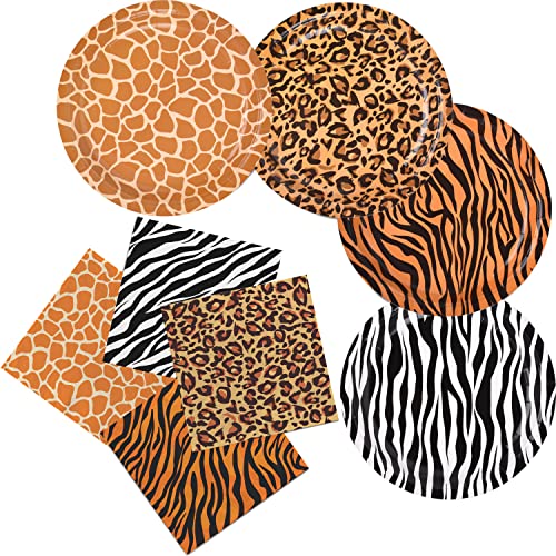 Gatherfun Jungle Zoo Animal Print Party Supplies, Disposable Jungle Safari Animal Print Paper Plates and Napkins for Birthday Party, Baby Shower and Jungle Safari Themed Party, Serve 48