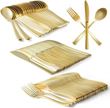 Load image into Gallery viewer, Gold Silver Rose Gold Plastic Cutlery Knives Forks Spoons Napkins Tablecloth Disposable Party Cutlery Party Supplies
